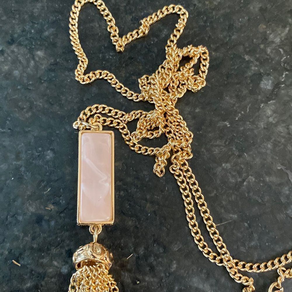 Rose Quartz and Gold Tassel Long Necklace